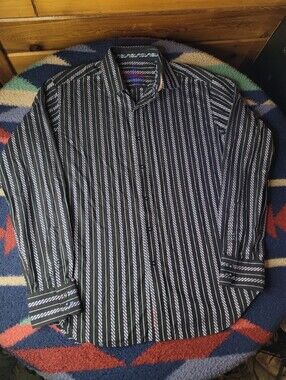 Robert Graham Long Sleeve Shirt Mens Medium Striped Black Flip Cuff Button Up
